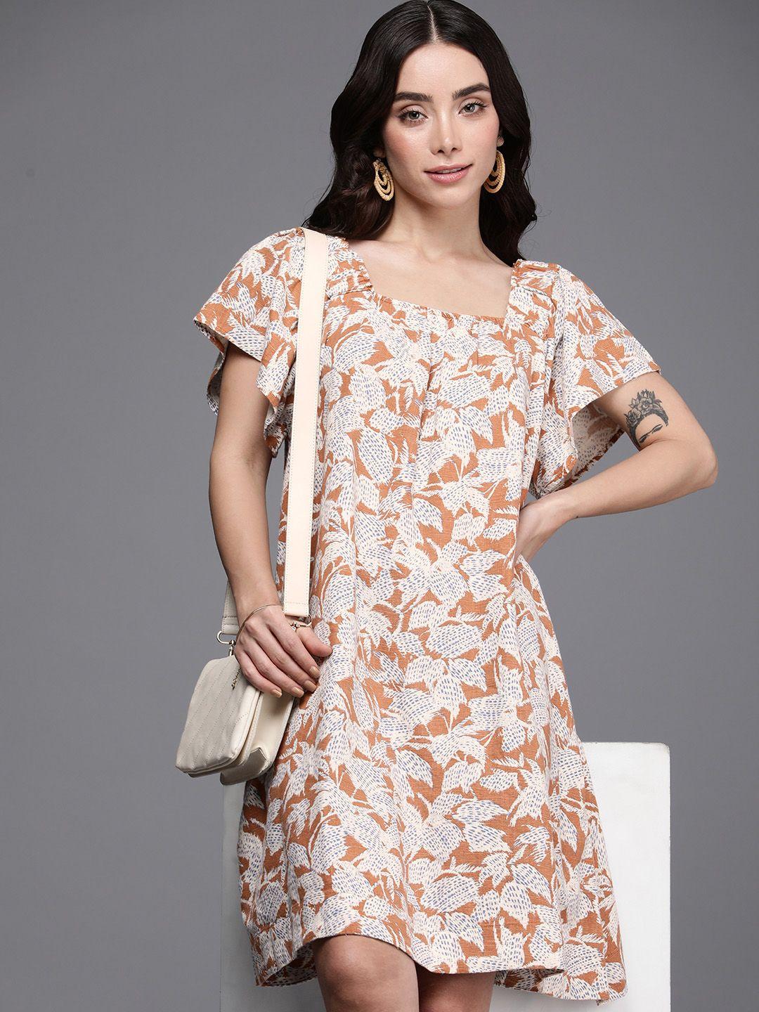 next abstract printed square neck flutter sleeves above knee a-line dress