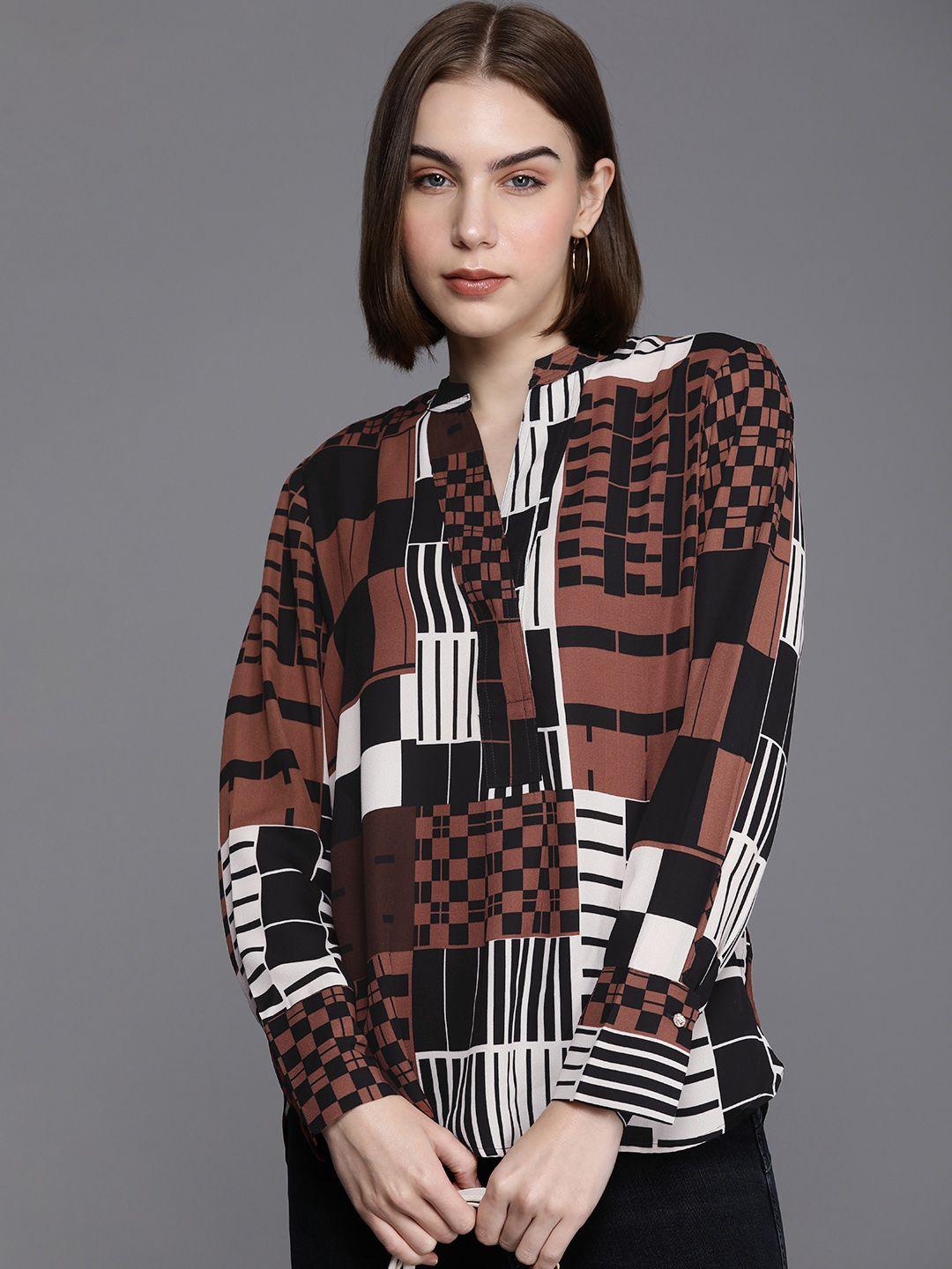 next geometric print mandarin collar longline top