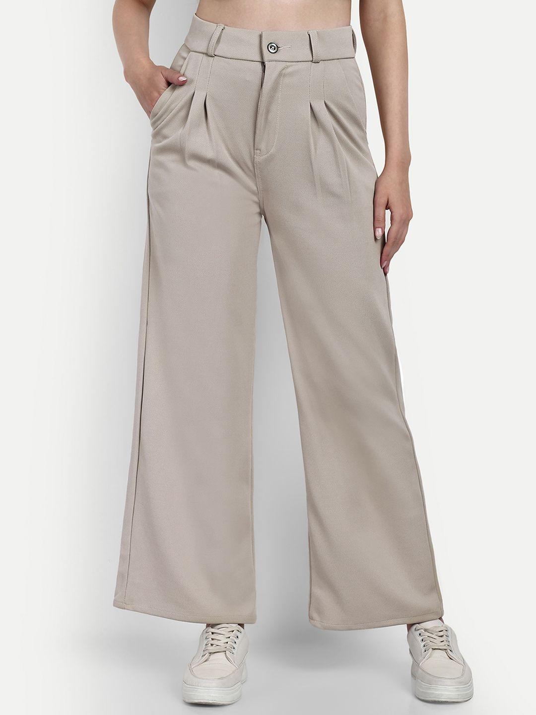 next one women beige smart loose fit high-rise easy wash pleated cotton parallel trousers