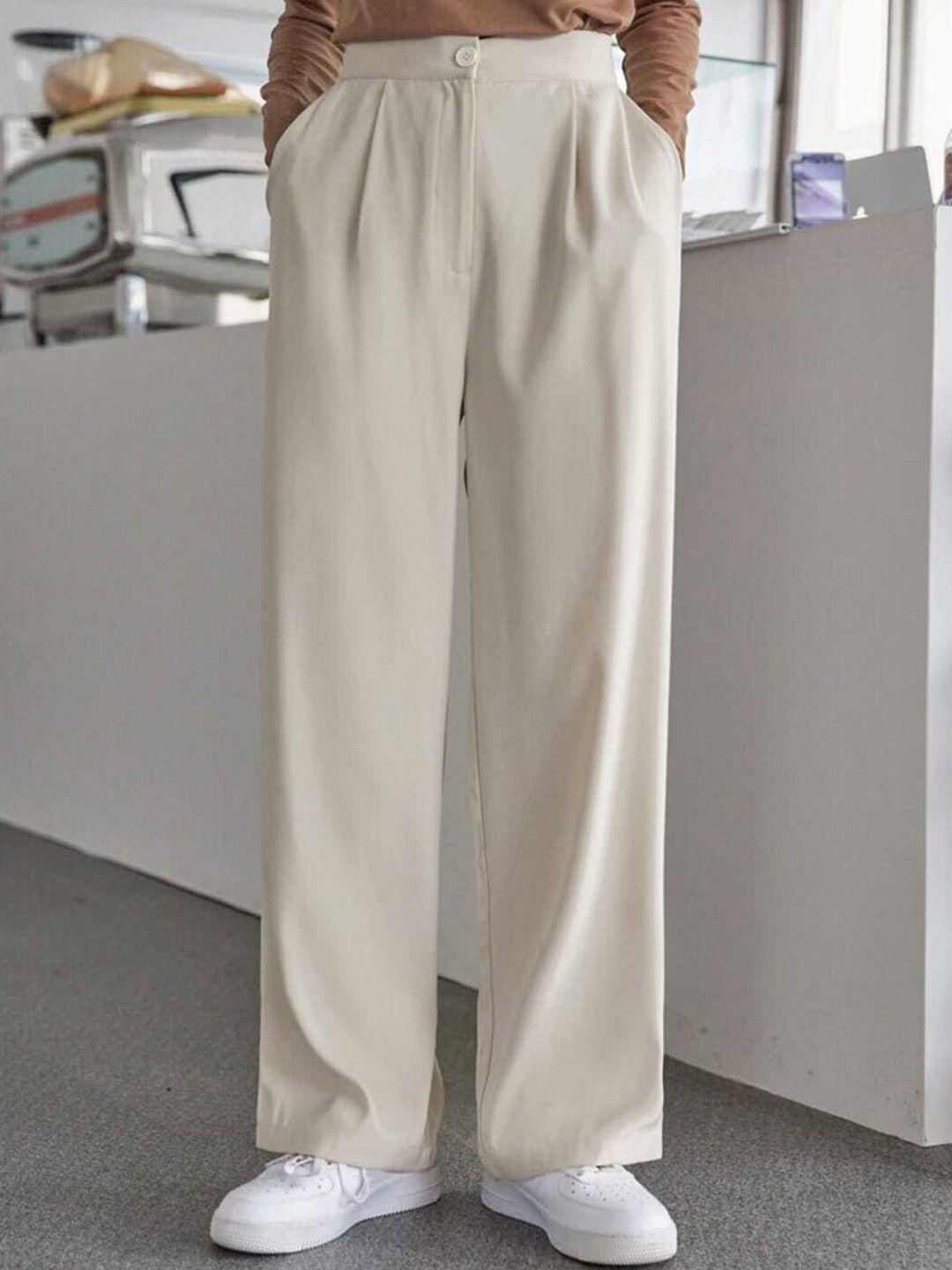 next one women beige smart loose fit high-rise easy wash pleated trousers