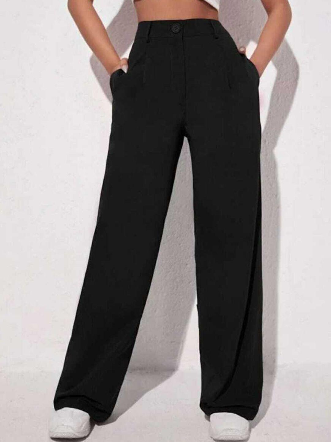 next one women black relaxed straight leg loose fit high-rise easy wash pleated trousers