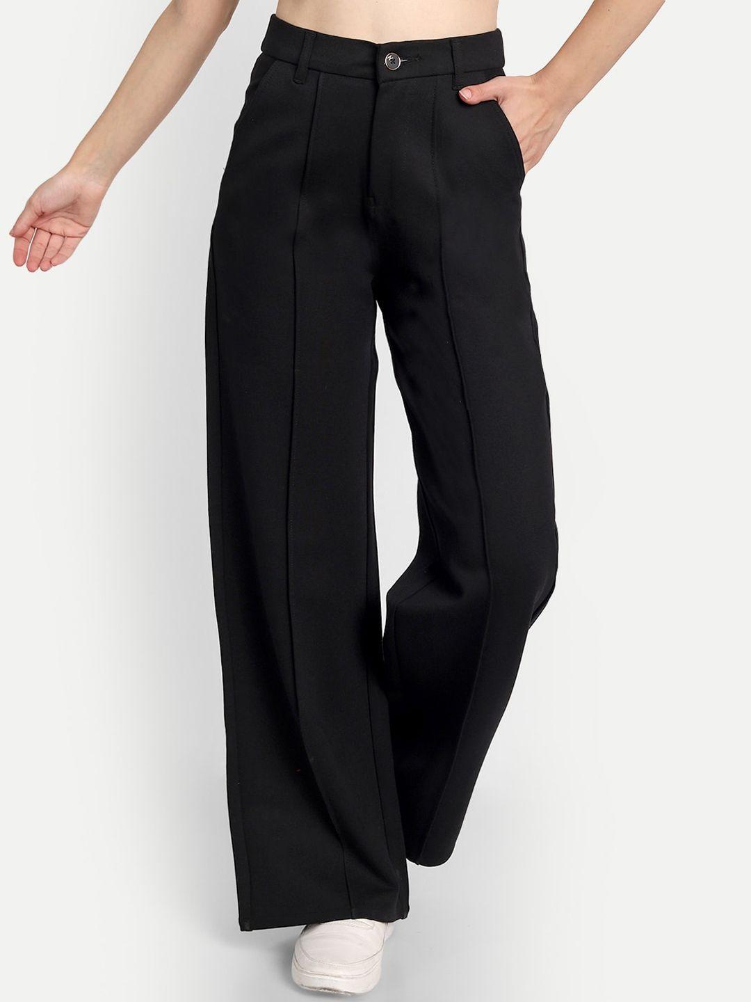 next one women black solid relaxed straight leg loose fit high-rise easy wash trousers