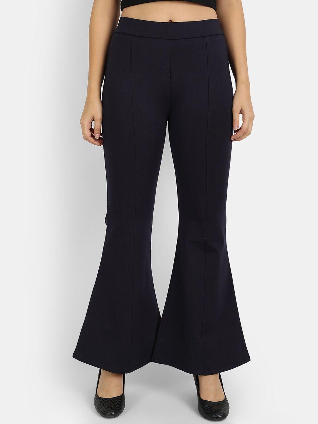 next one women navy blue relaxed straight leg flared high-rise easy wash trousers