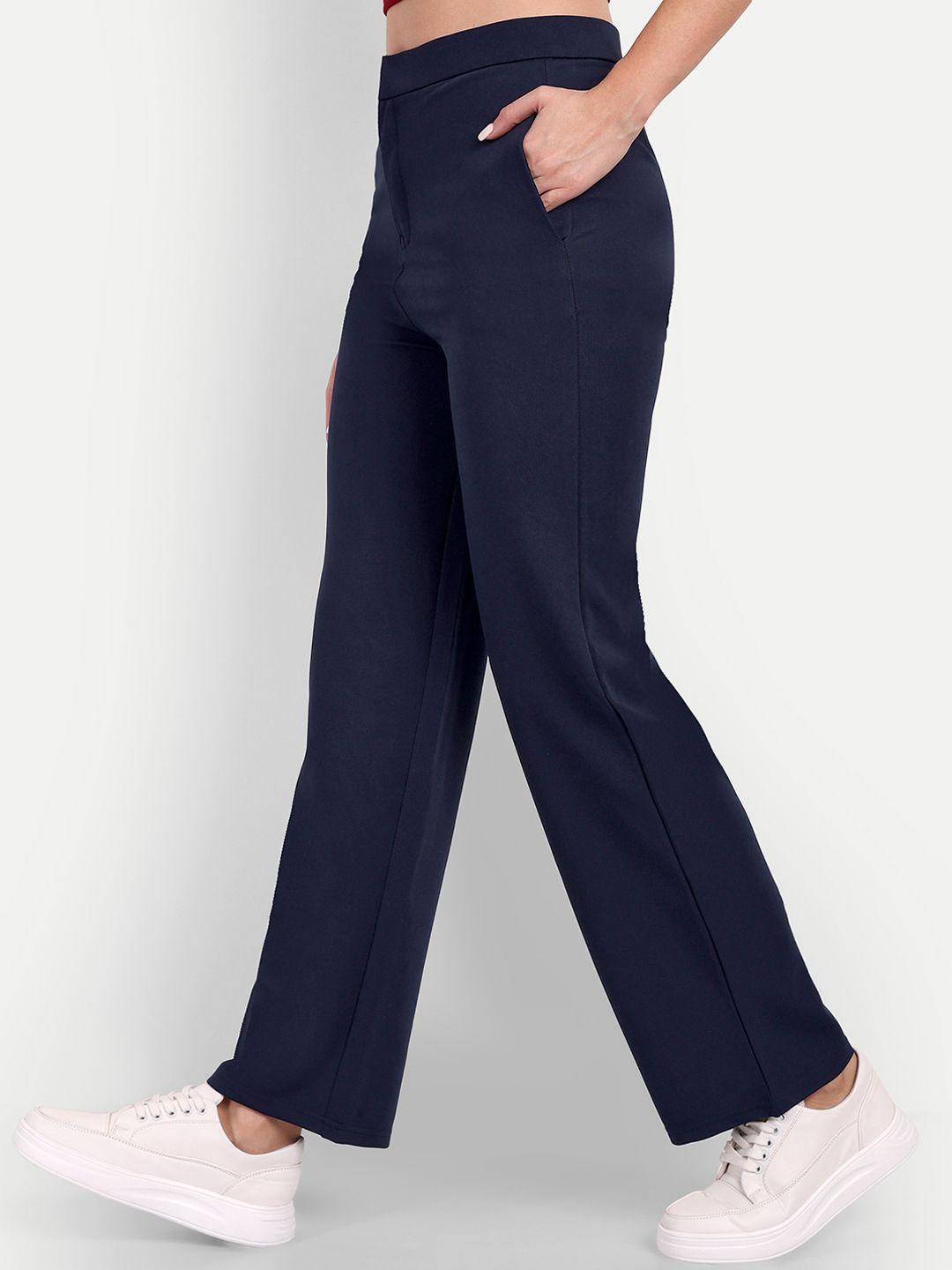 next one women navy blue relaxed straight leg straight fit high-rise easy wash trousers
