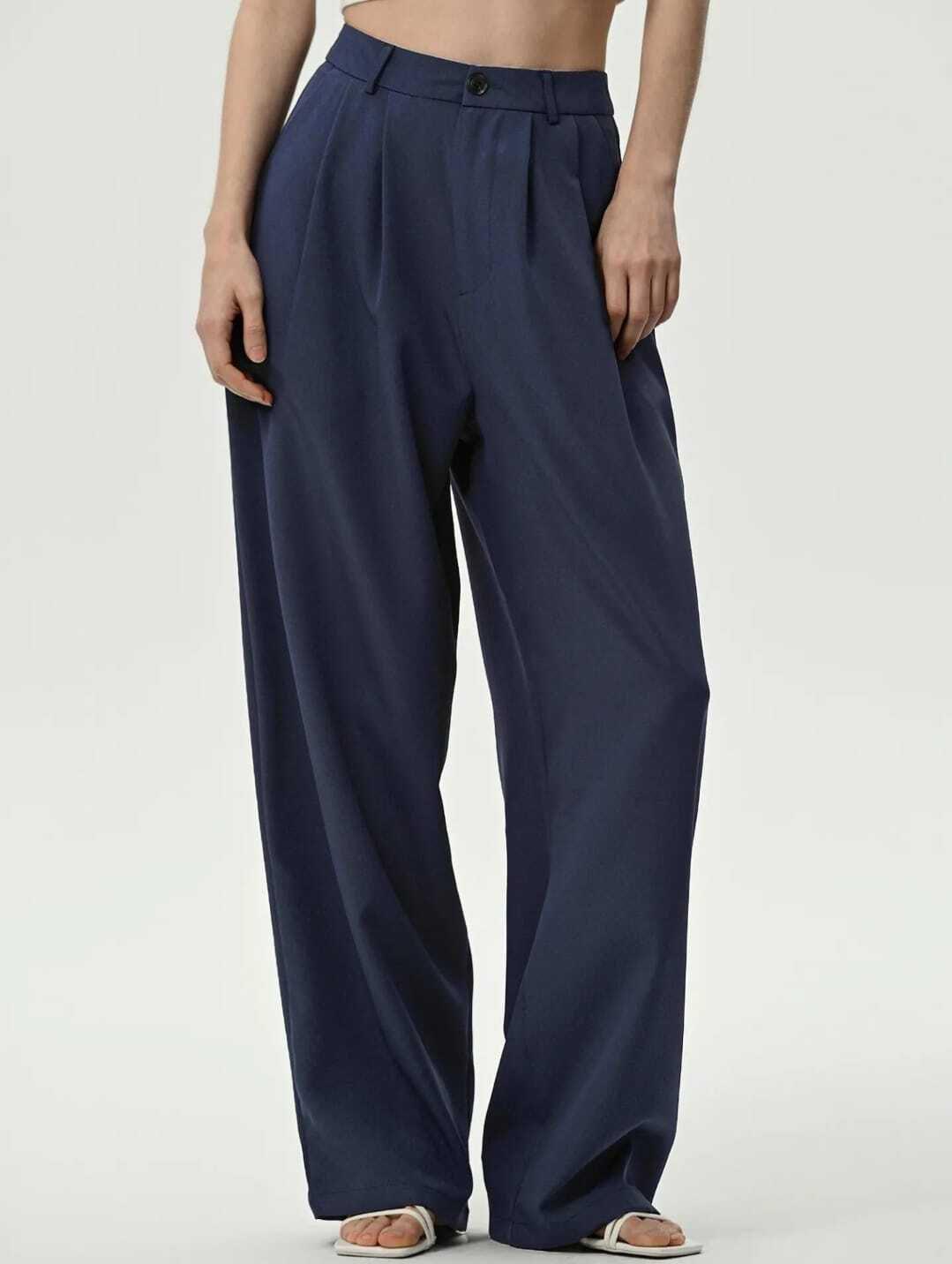 next one women navy blue smart loose fit high-rise easy wash trousers