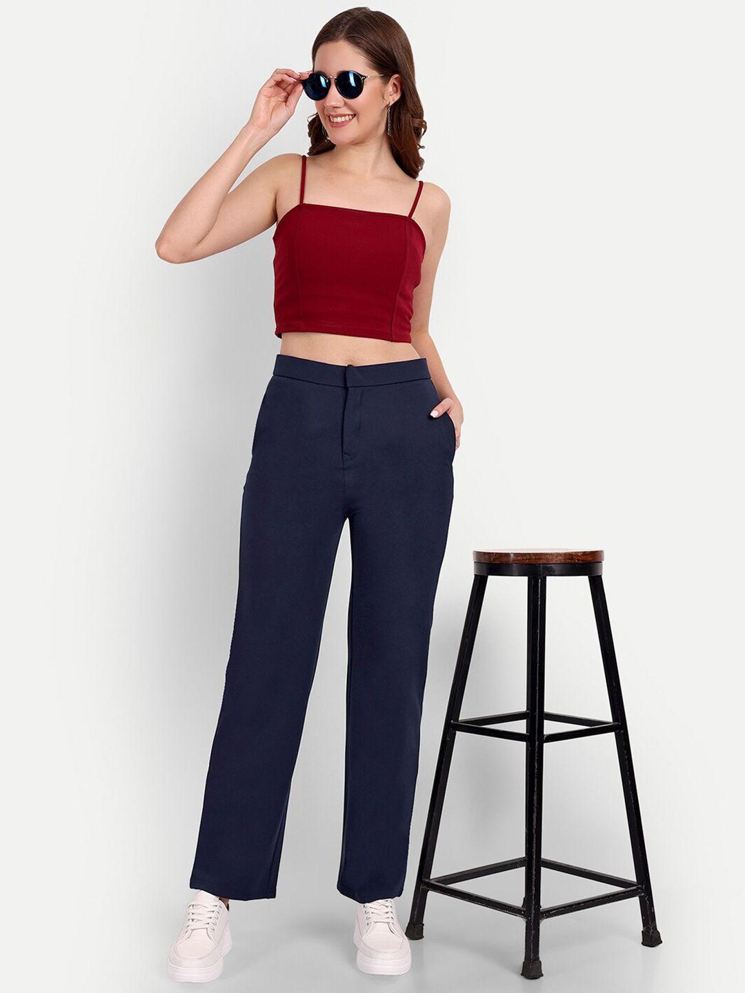 next one women navy blue smart loose fit high-rise easy wash trousers