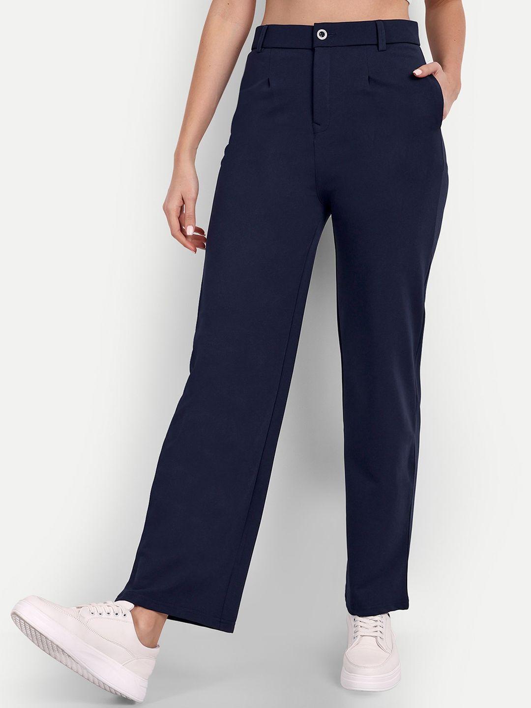 next one women navy blue tailored straight fit high-rise easy wash trousers