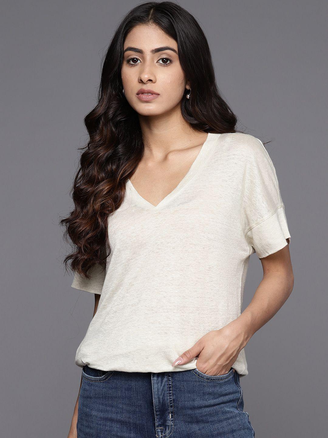 next v-neck drop-shoulder sleeves linen t-shirt