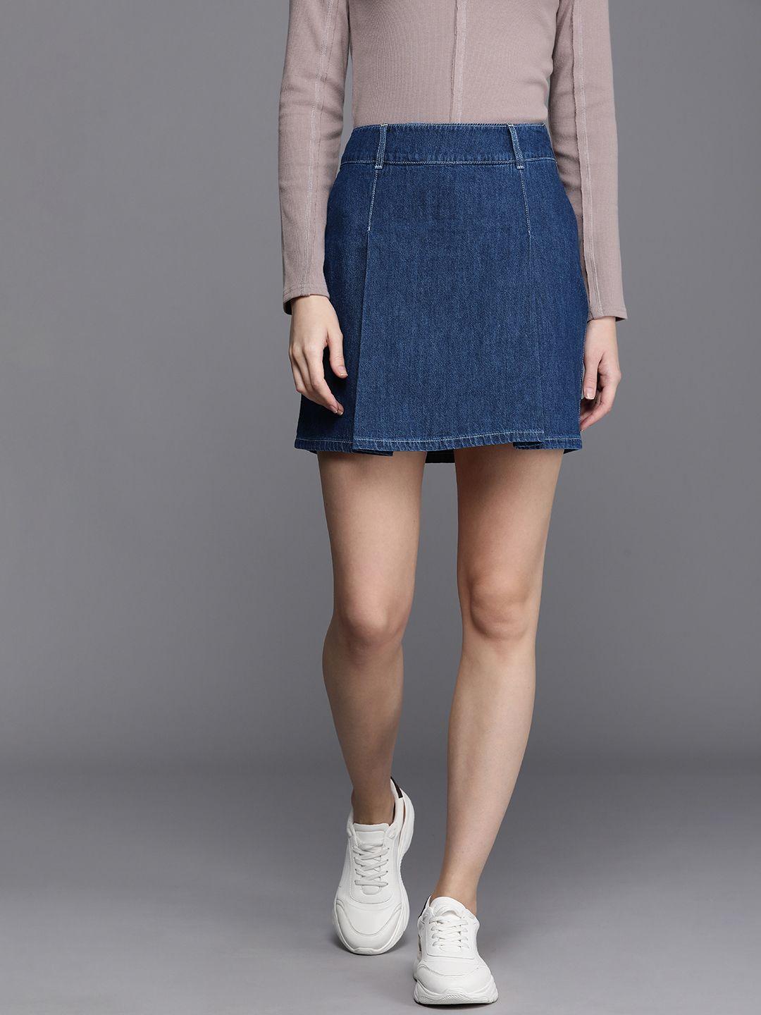 next women pure cotton chambray pleated a-line mini skirt