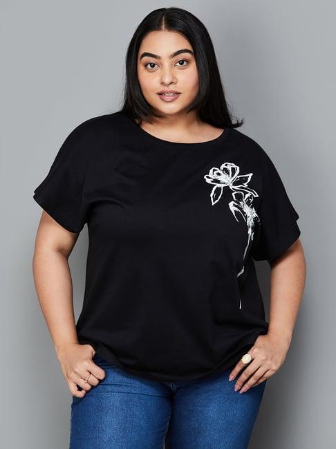 nexus by lifestyle black & white cotton floral print t-shirt