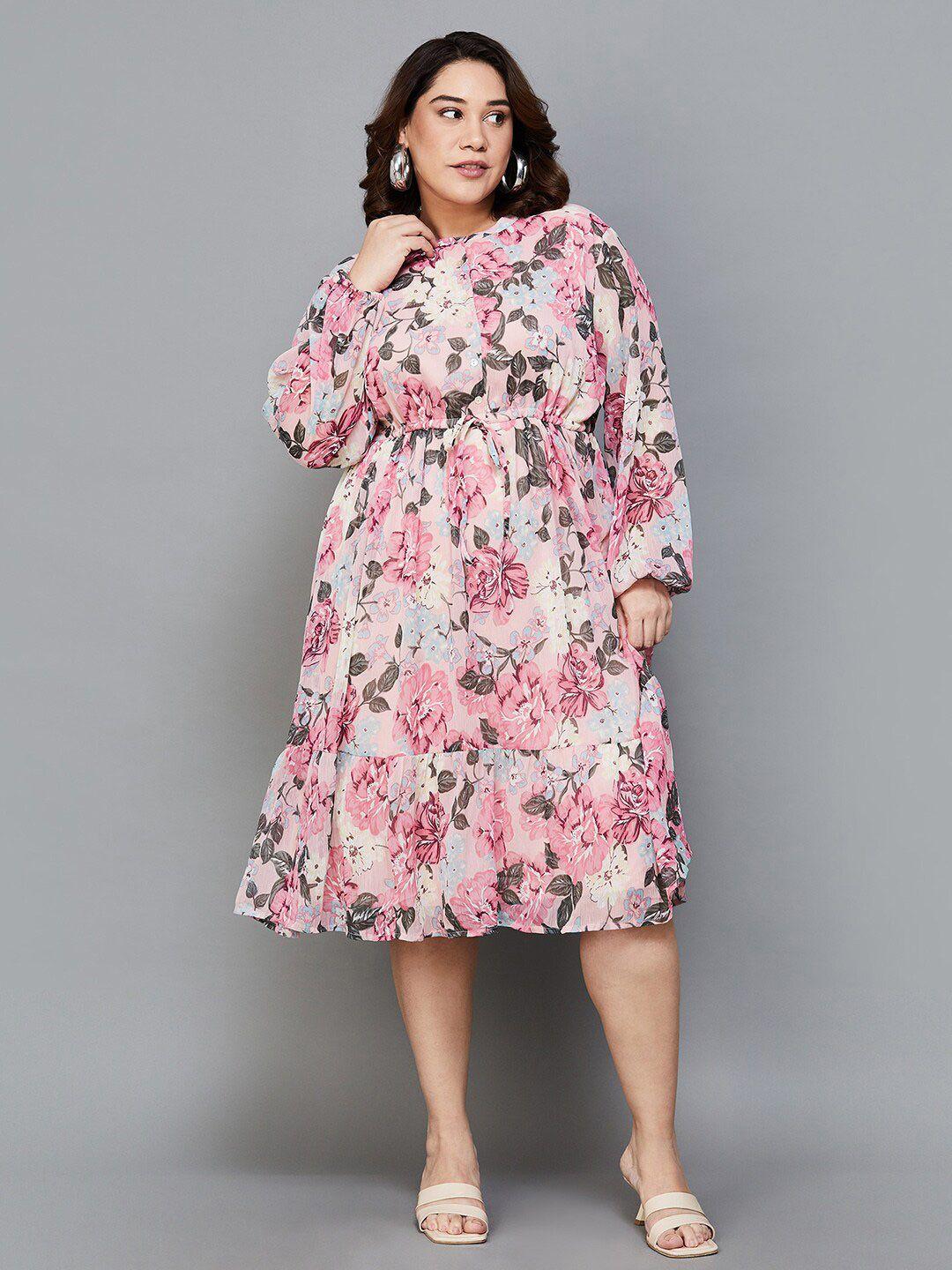 nexus by lifestyle floral print tie-up neck puff sleeve fit & flare midi dress