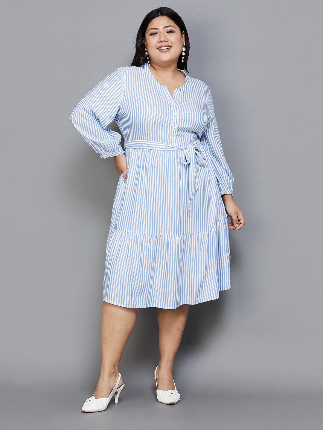 nexus by lifestyle plus size striped mandarin collar belted fit & flare dress