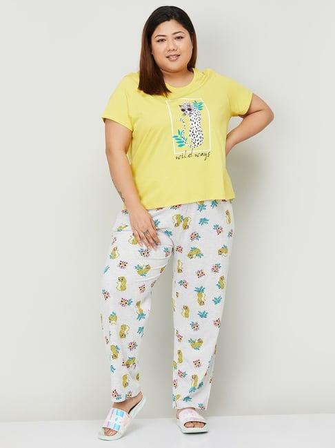 nexus by lifestyle yellow & grey printed t-shirt pyjama set
