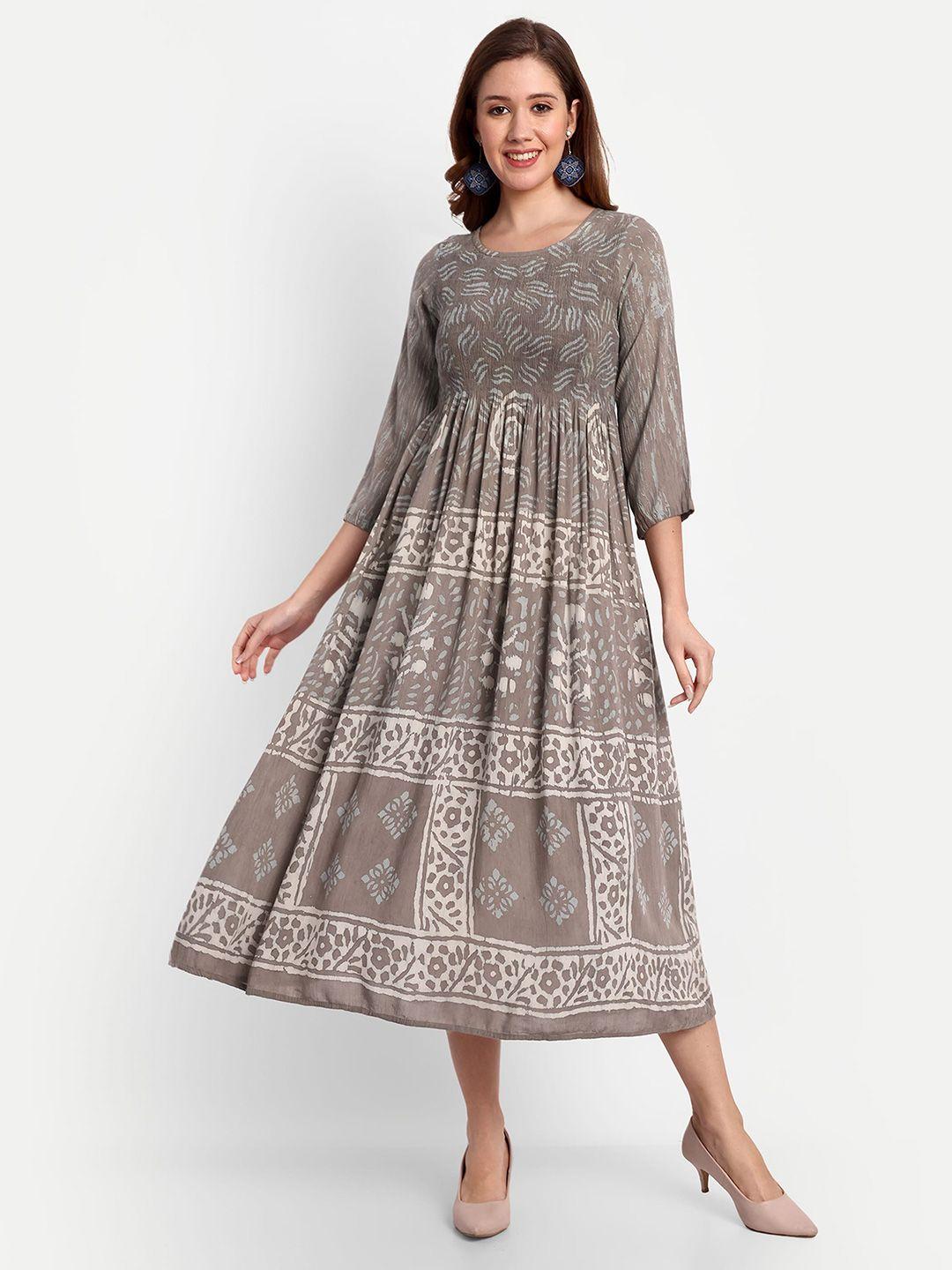 nh kapdewala ethnic motifs print smocked surface detailed cotton midi dress