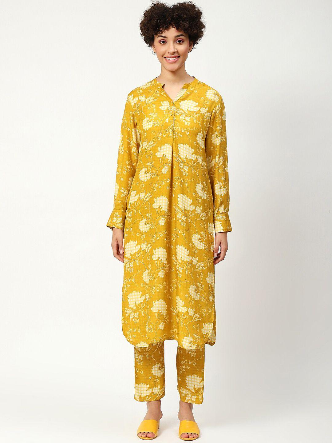 nh kapdewala floral printed pleated pure cotton kurta with trousers