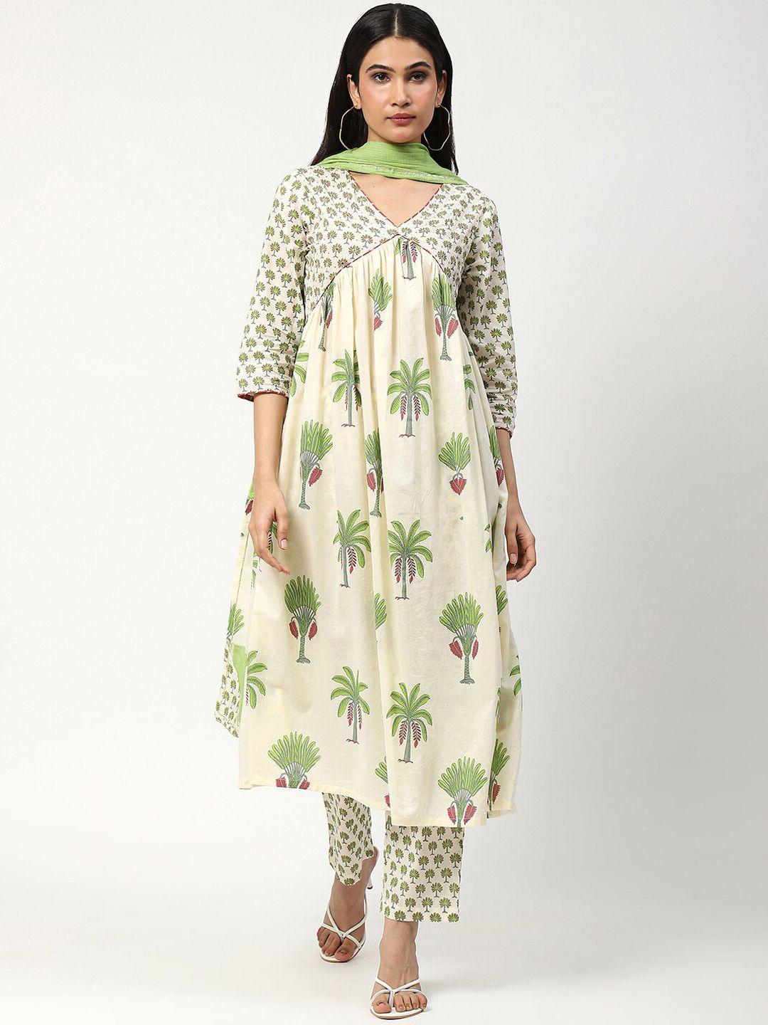 nh kapdewala floral printed pleated regular pure cotton kurta with trousers & dupatta