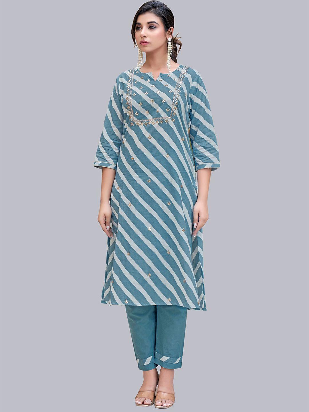 nh kapdewala women blue striped pure cotton kurta with trousers