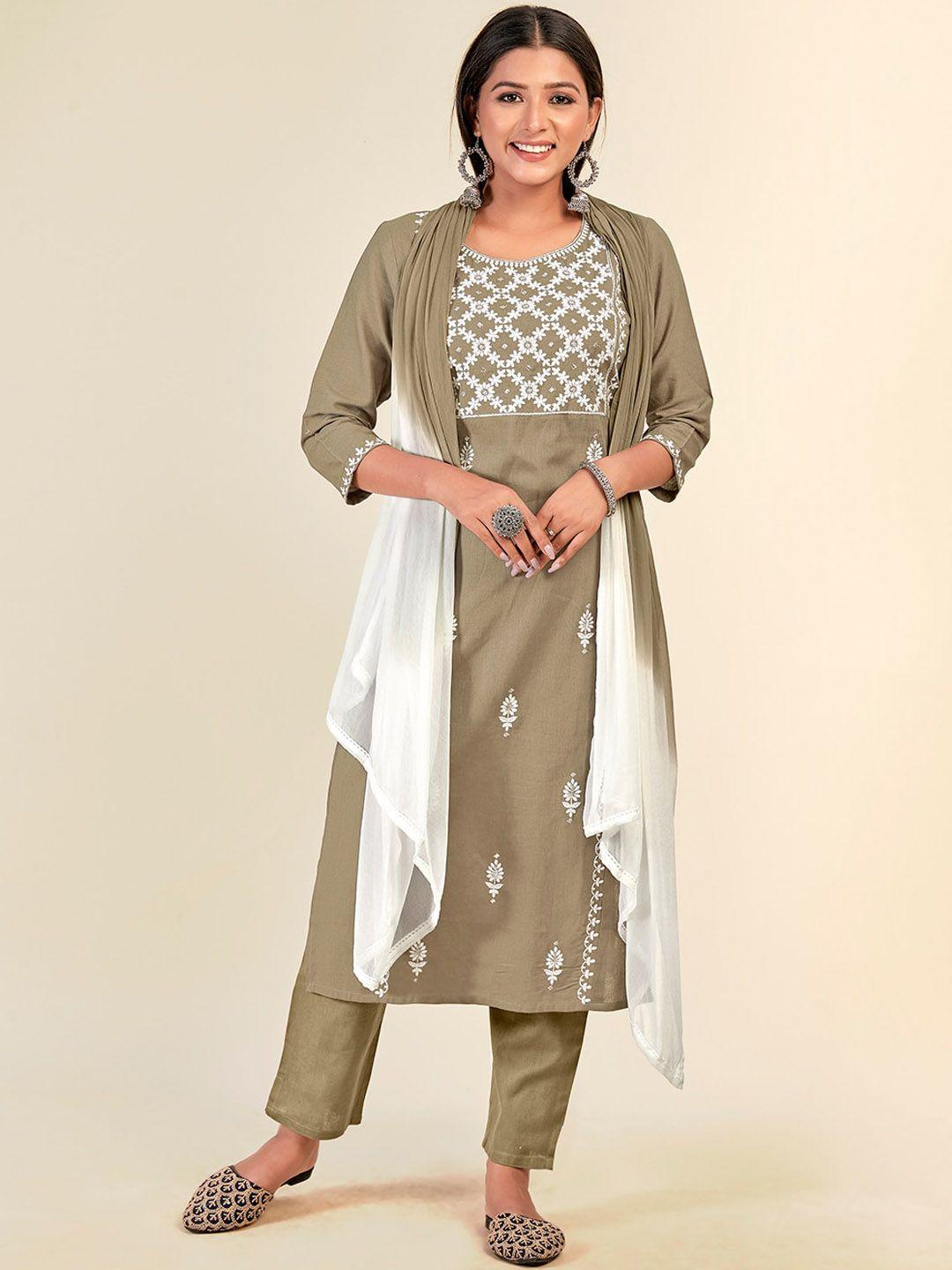 nh kapdewala women brown floral embroidered pure cotton kurta with trousers & with dupatta