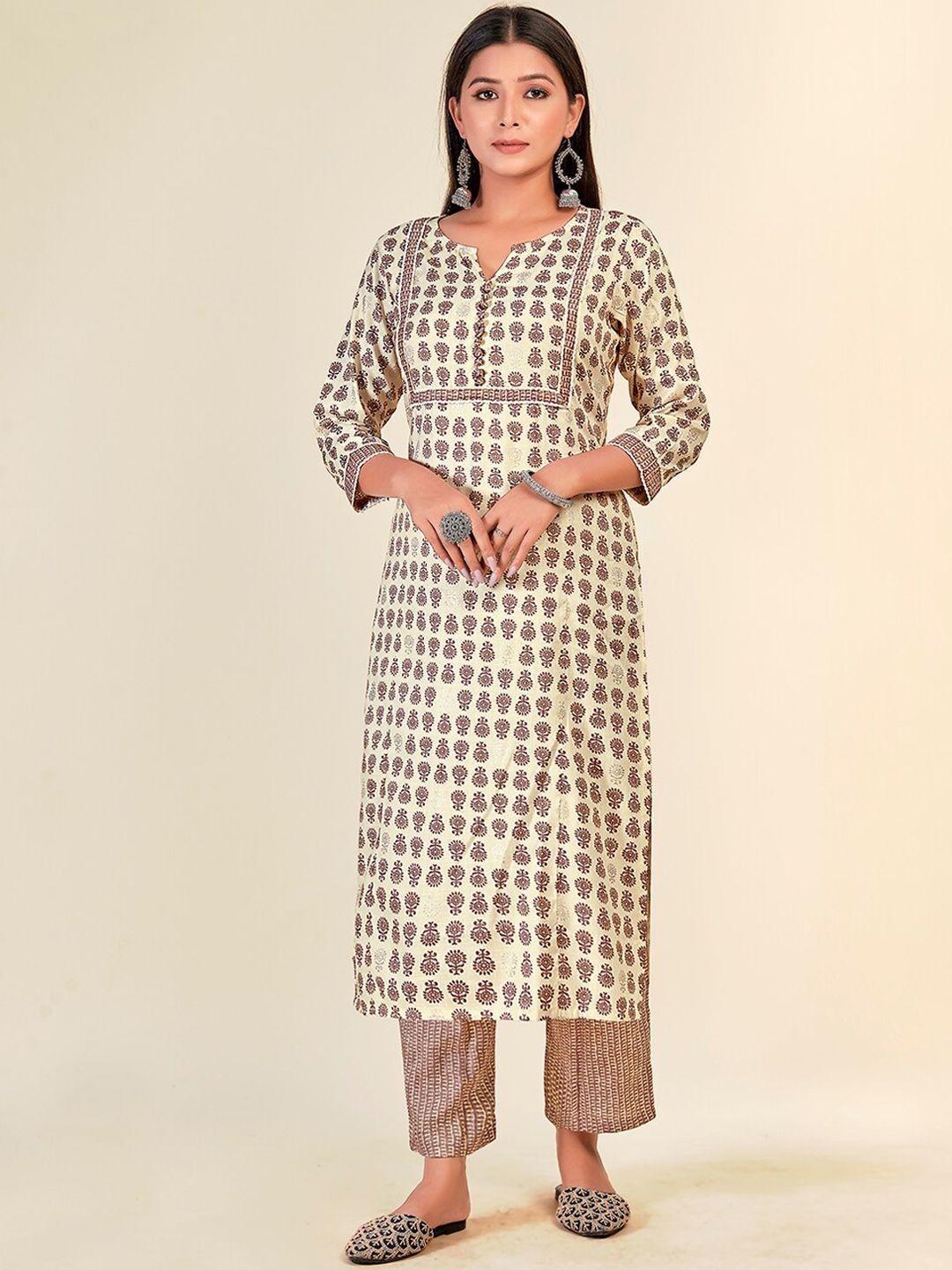 nh kapdewala women cream-coloured ethnic motifs printed kurta set