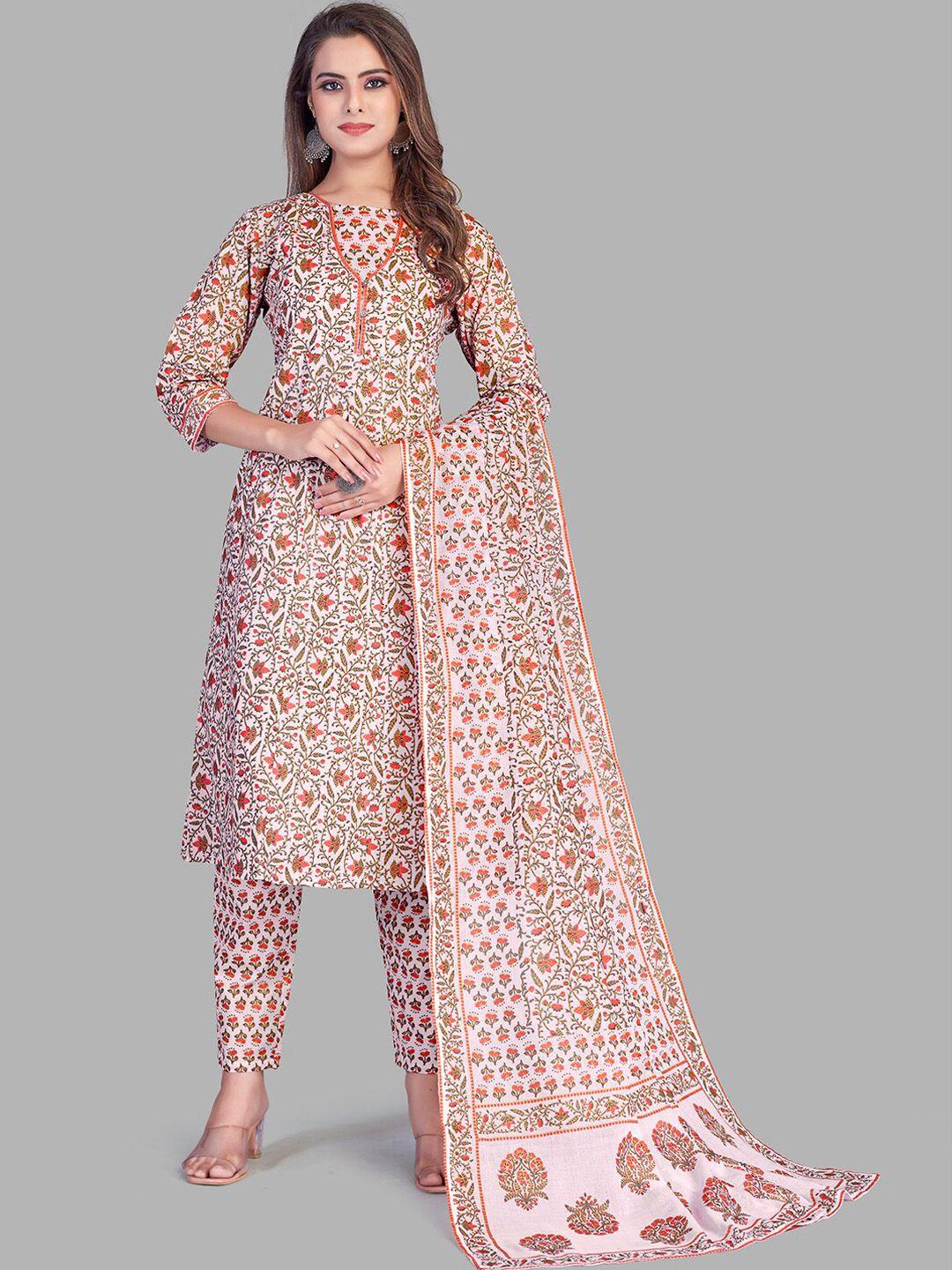 nh kapdewala women cream-coloured floral printed pure cotton kurti with trousers & with dupatta