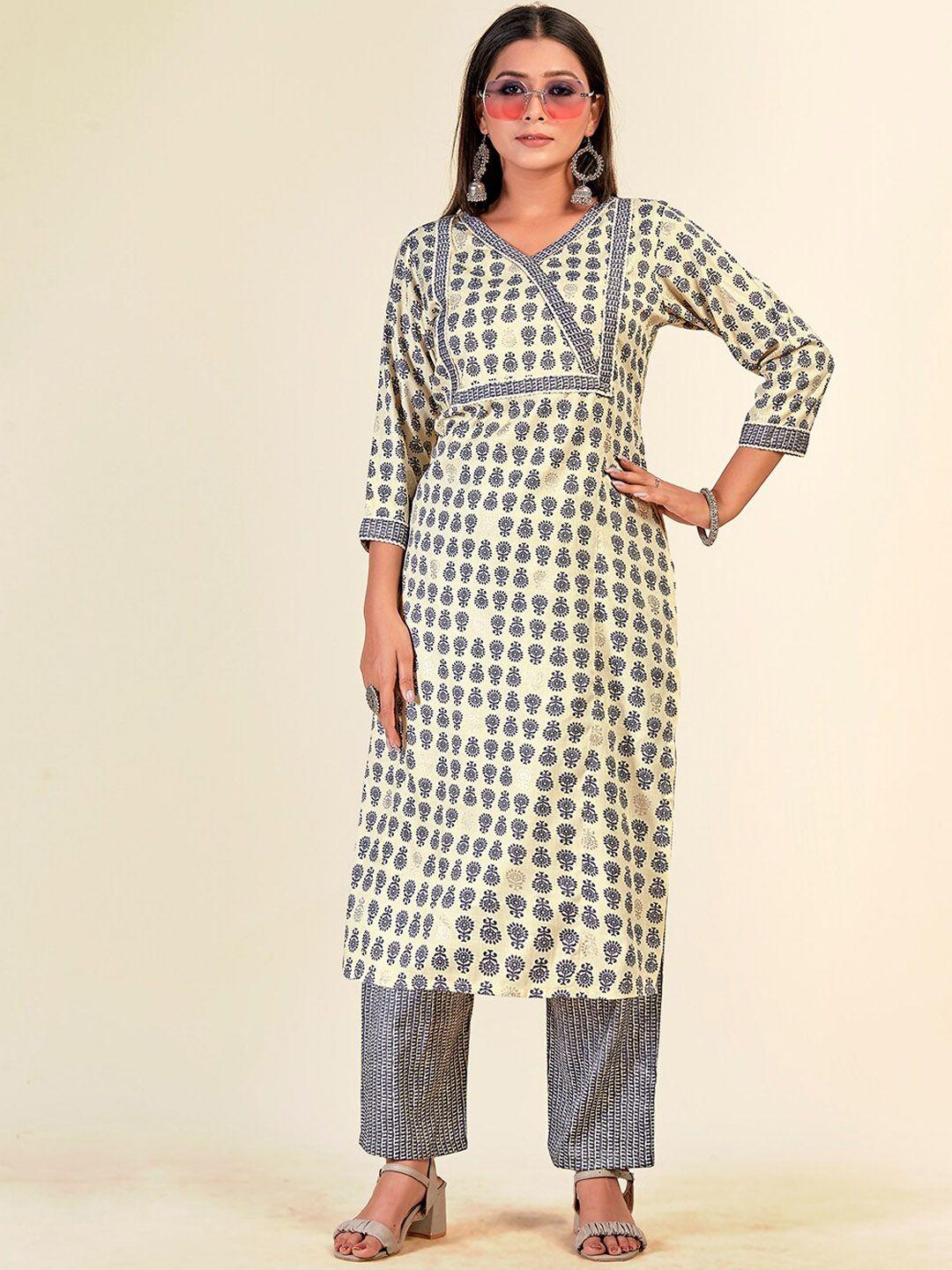 nh kapdewala women cream-coloured printed kurta with trousers