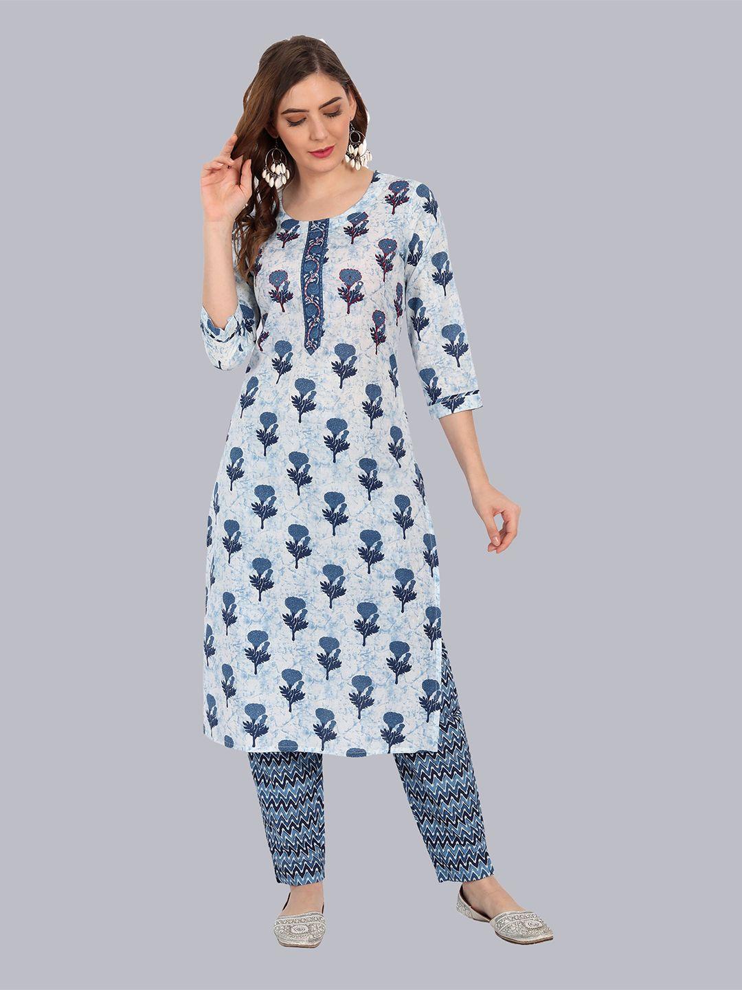 nh kapdewala women grey & blue floral printed kurta with trousers