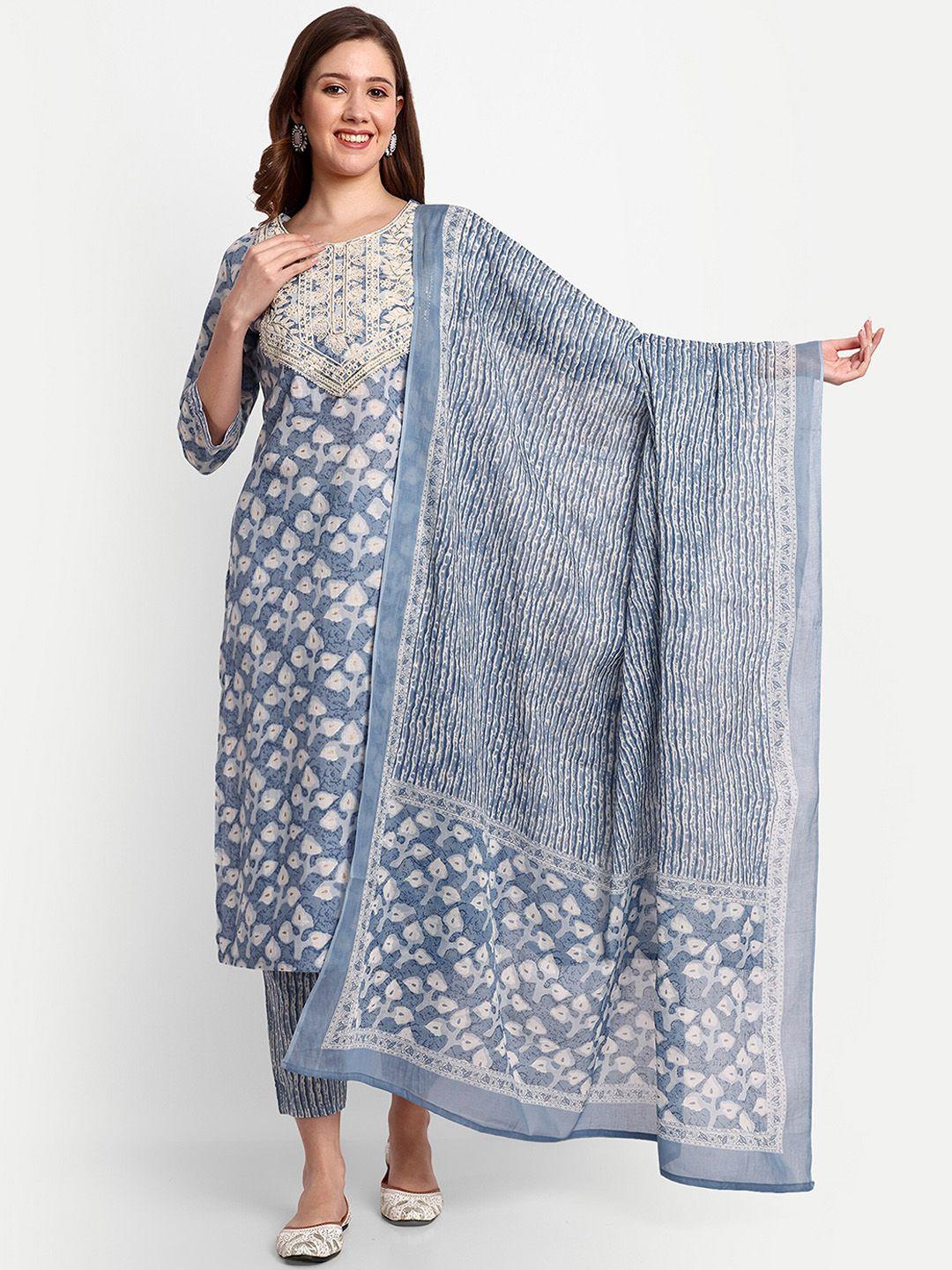 nh kapdewala women grey printed regular thread work pure cotton kurti with trousers & with dupatta
