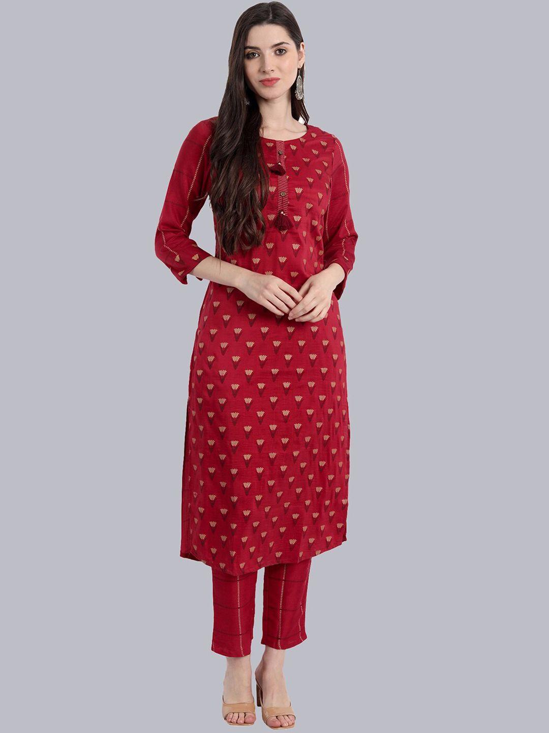 nh kapdewala women maroon ethnic motifs printed pure cotton kurta with trousers