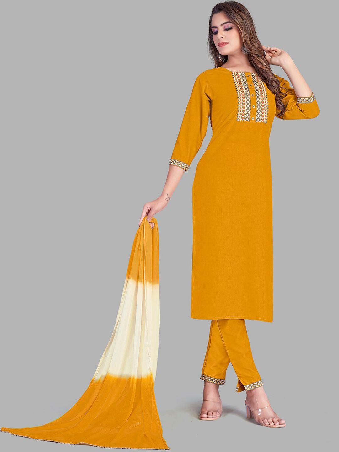 nh kapdewala women orange embroidered pure cotton kurta with trousers & with dupatta