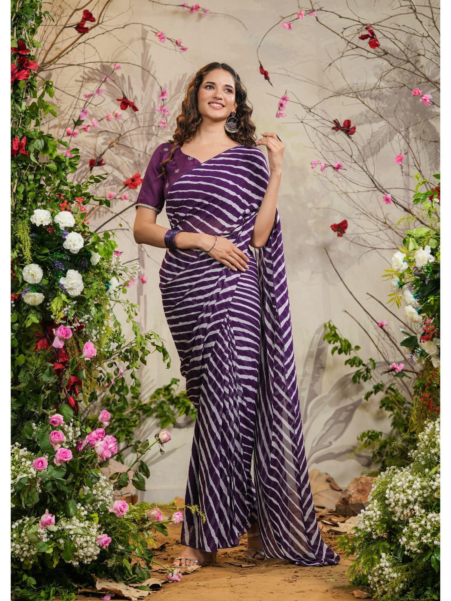 nia purple leheriya pre-draped saree with stitched blouse