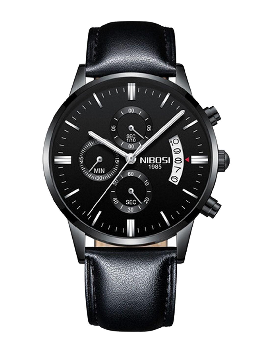 nibosi men black embellished dial & black leather straps analogue chronograph watch nb-2309-l-blk-blk-slvr-black-silver
