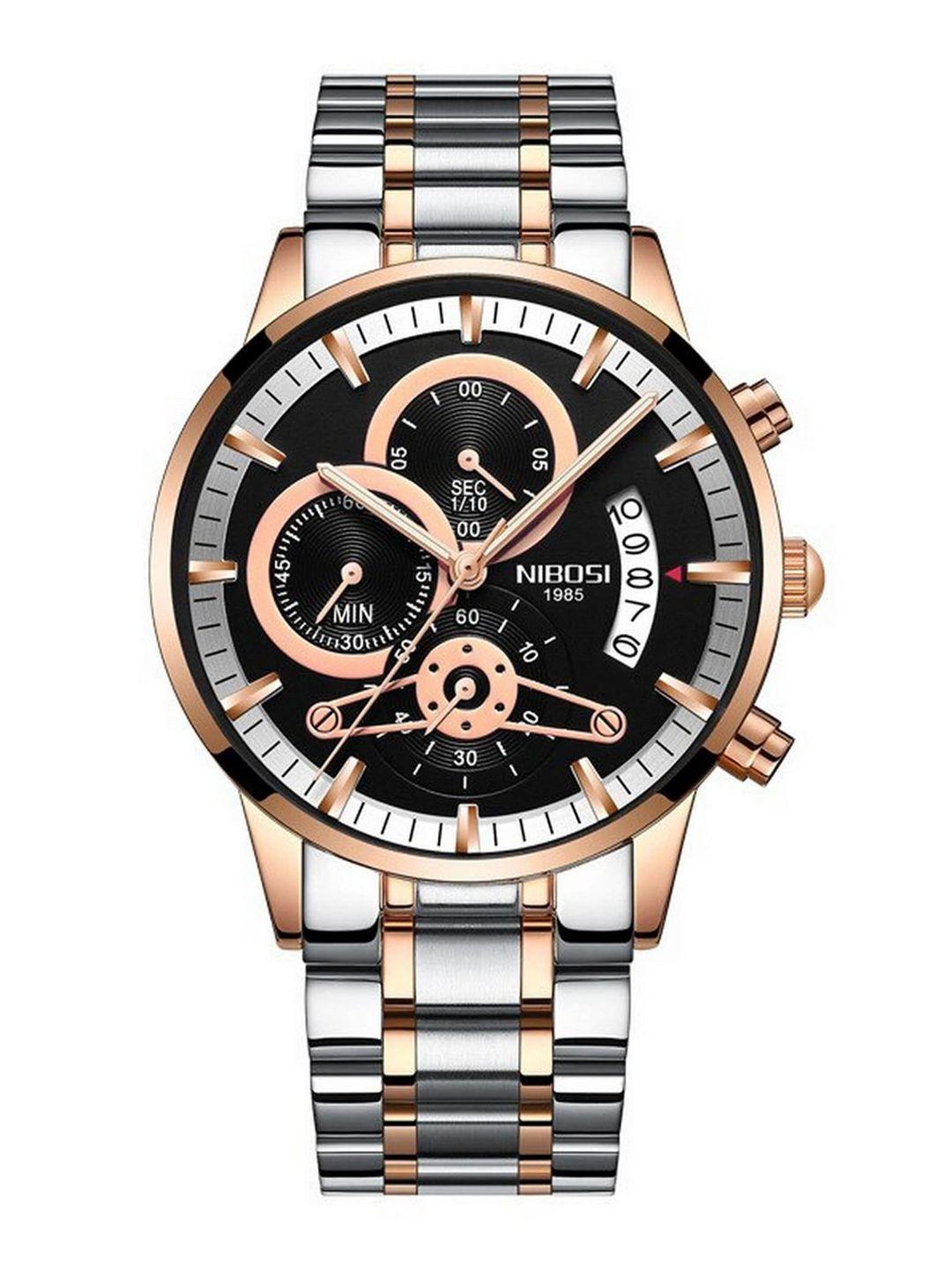 nibosi men black skeleton dial & silver stainless steel straps analogue chronograph watch