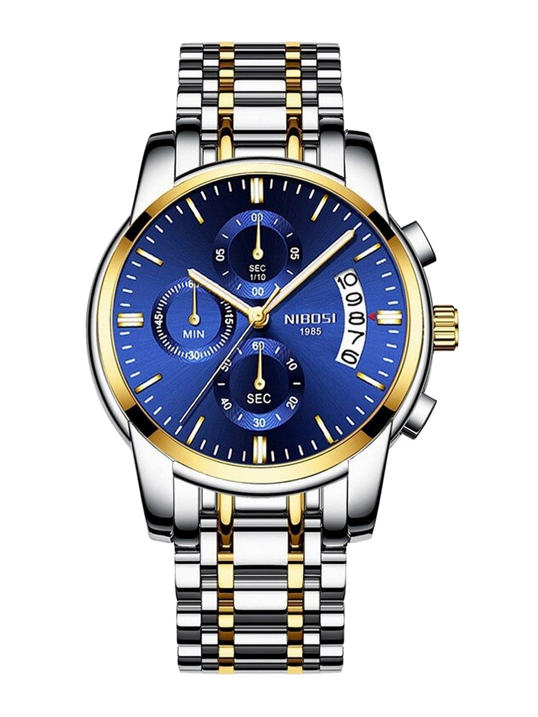 nibosi men blue dial & silver toned stainless steel bracelet style straps analogue chronograph watch