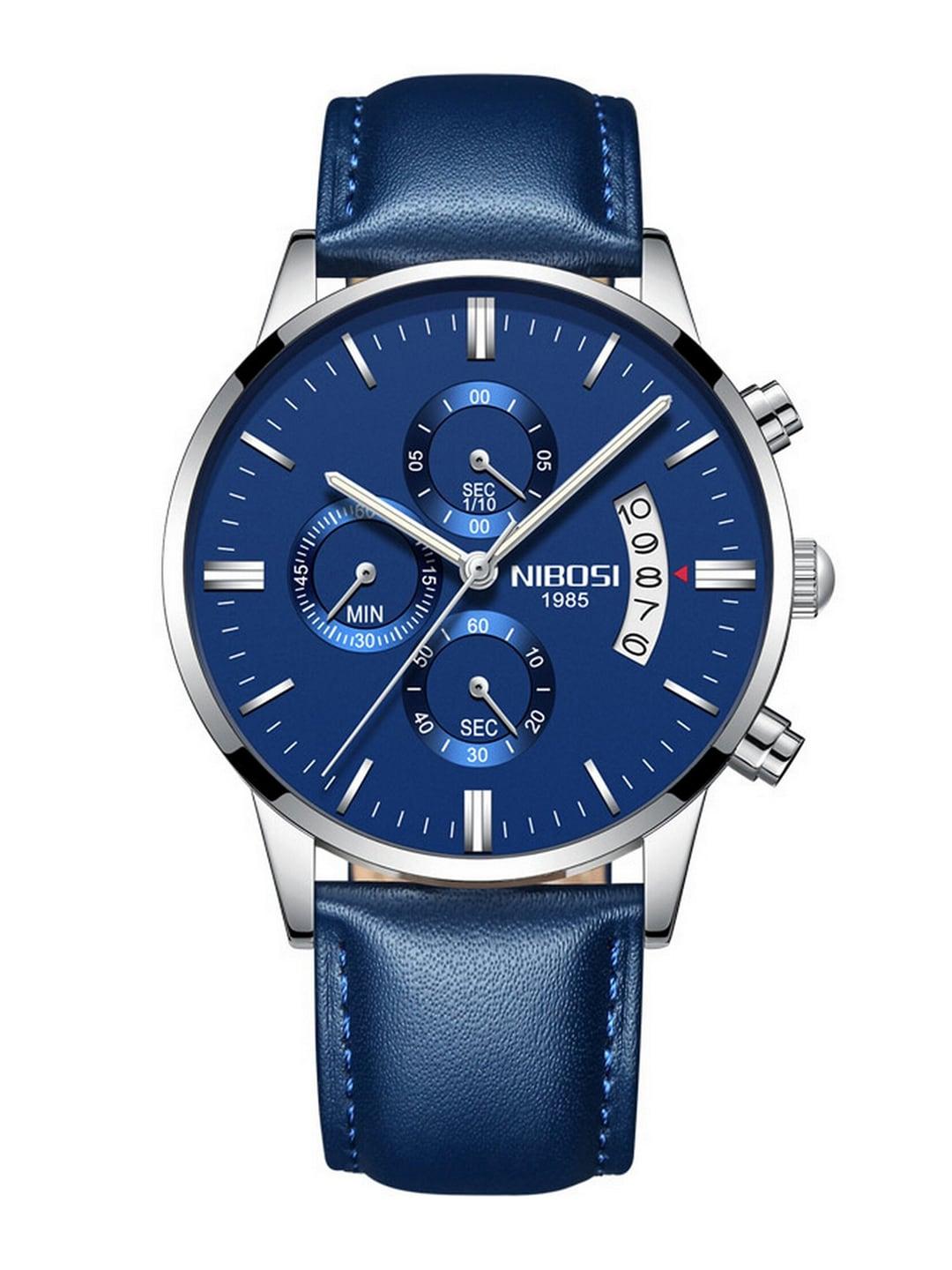nibosi men blue patterned dial & leather straps analogue chronograph wrist watch