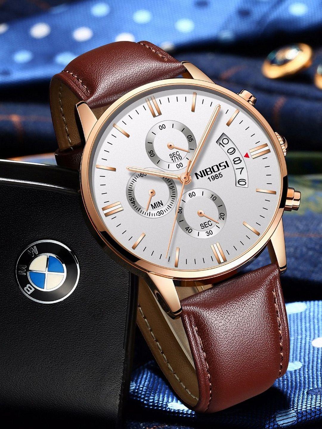 nibosi men white dial & brown leather straps analogue chronograph watch