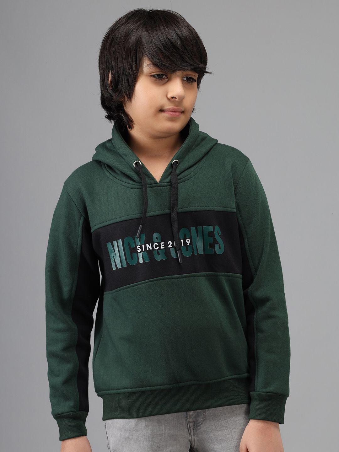nick and jones boys green & black brand logo print hooded cotton sweatshirt