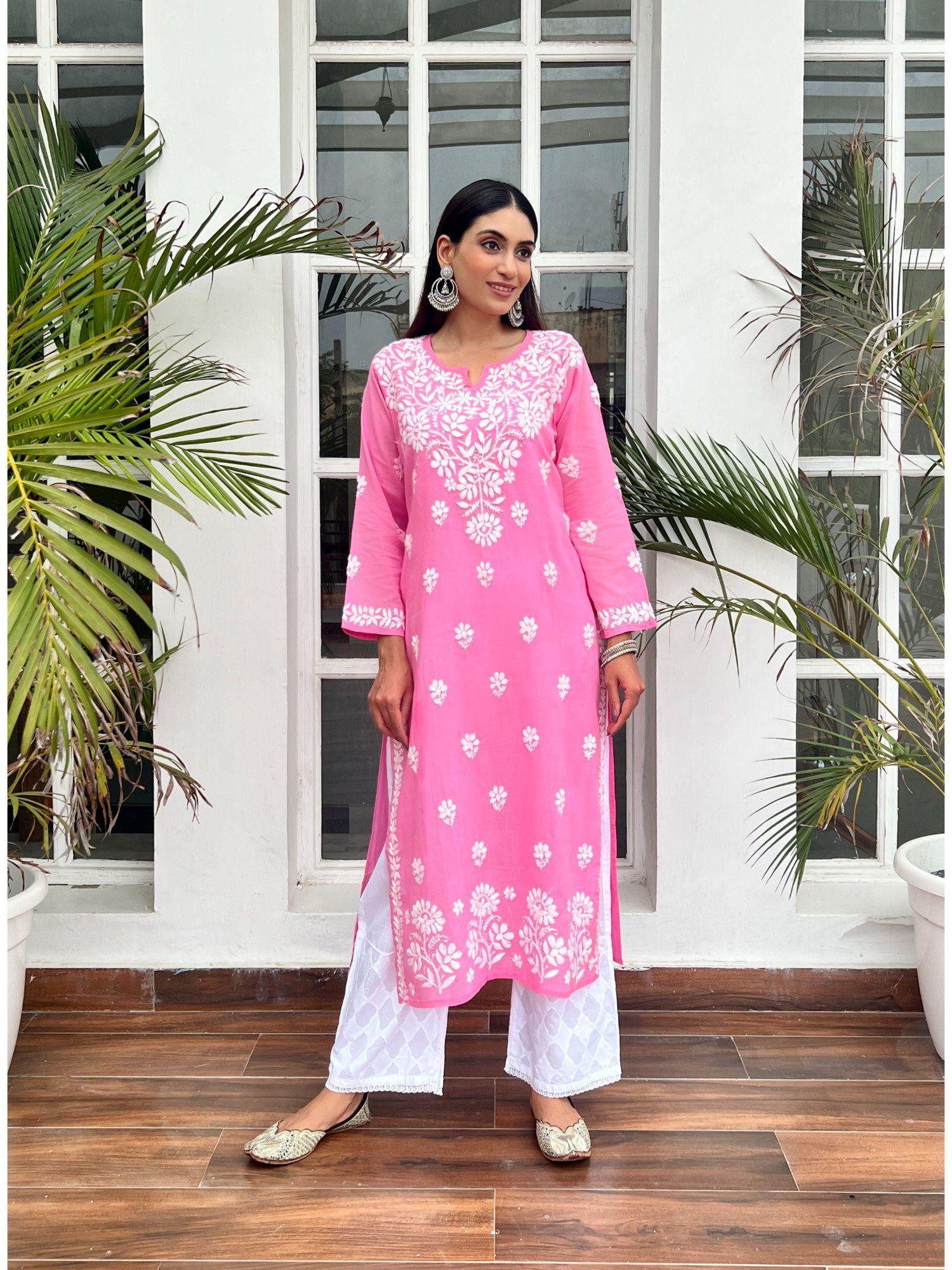 nida chikankari pink cotton straight kurta