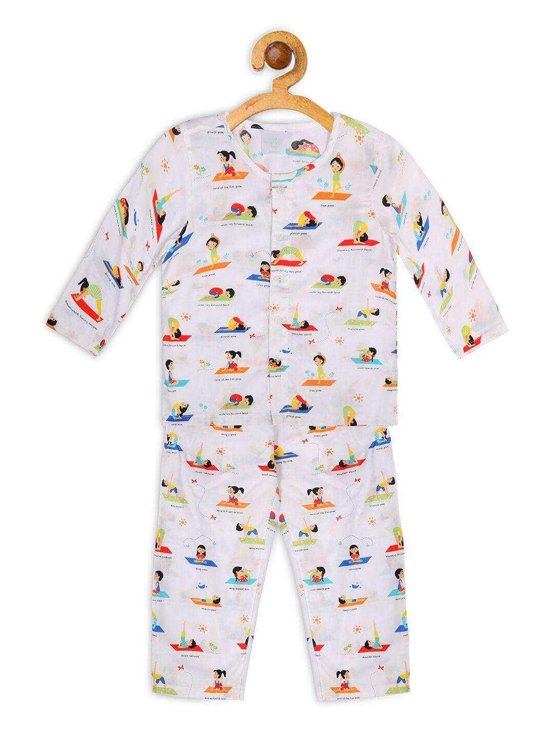 nigh nigh boys white & orange printed pure cotton sustainable night suit