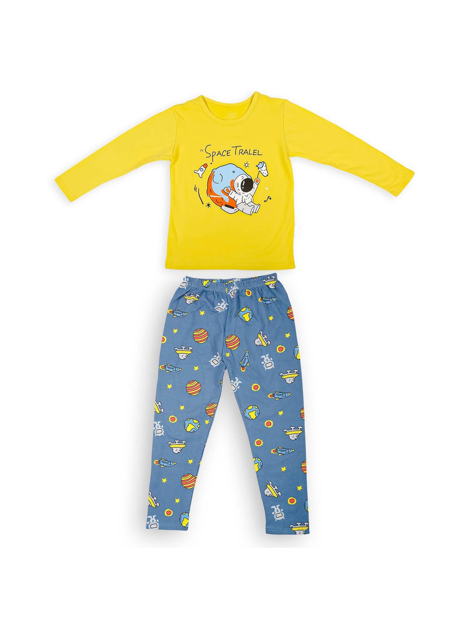 night suit cotton tshirt and pyjama space travel yellow (set of 2)