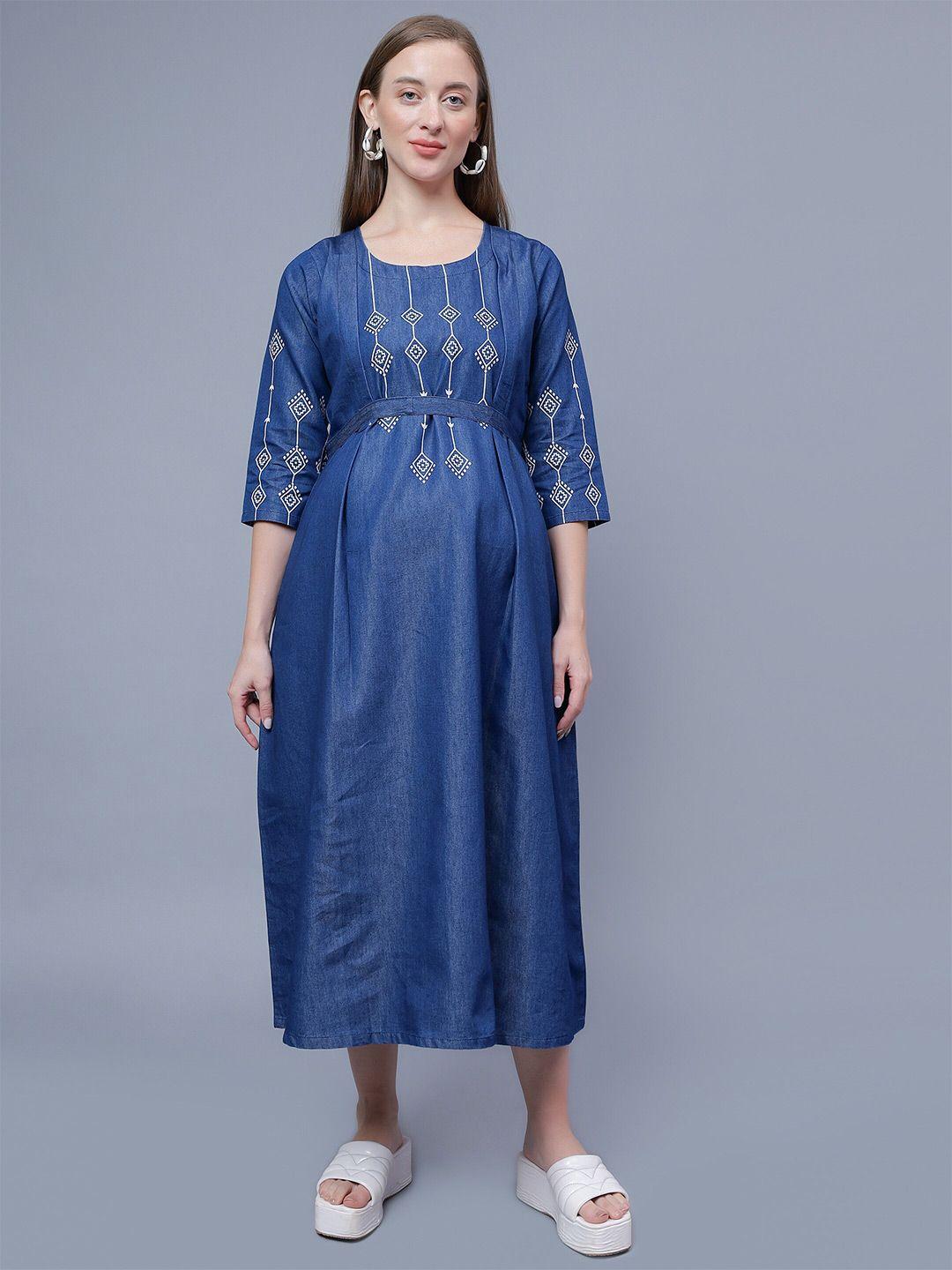 nightspree ethnic motifs print denim maternity fit & flare midi cotton dress