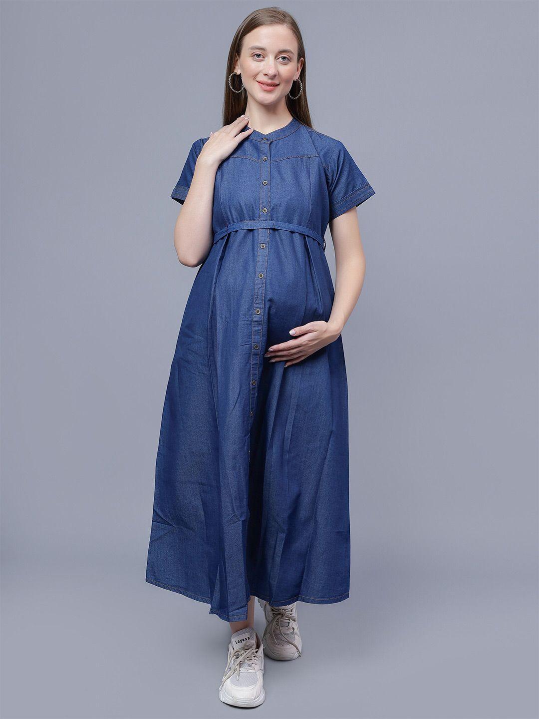 nightspree band collar maternity fit& flare midi cotton dress