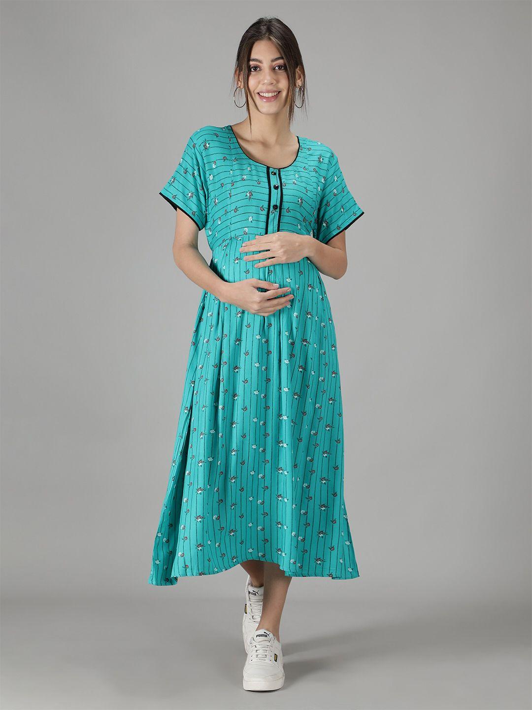 nightspree blue ethnic motifs maternity and feeding a-line midi dress