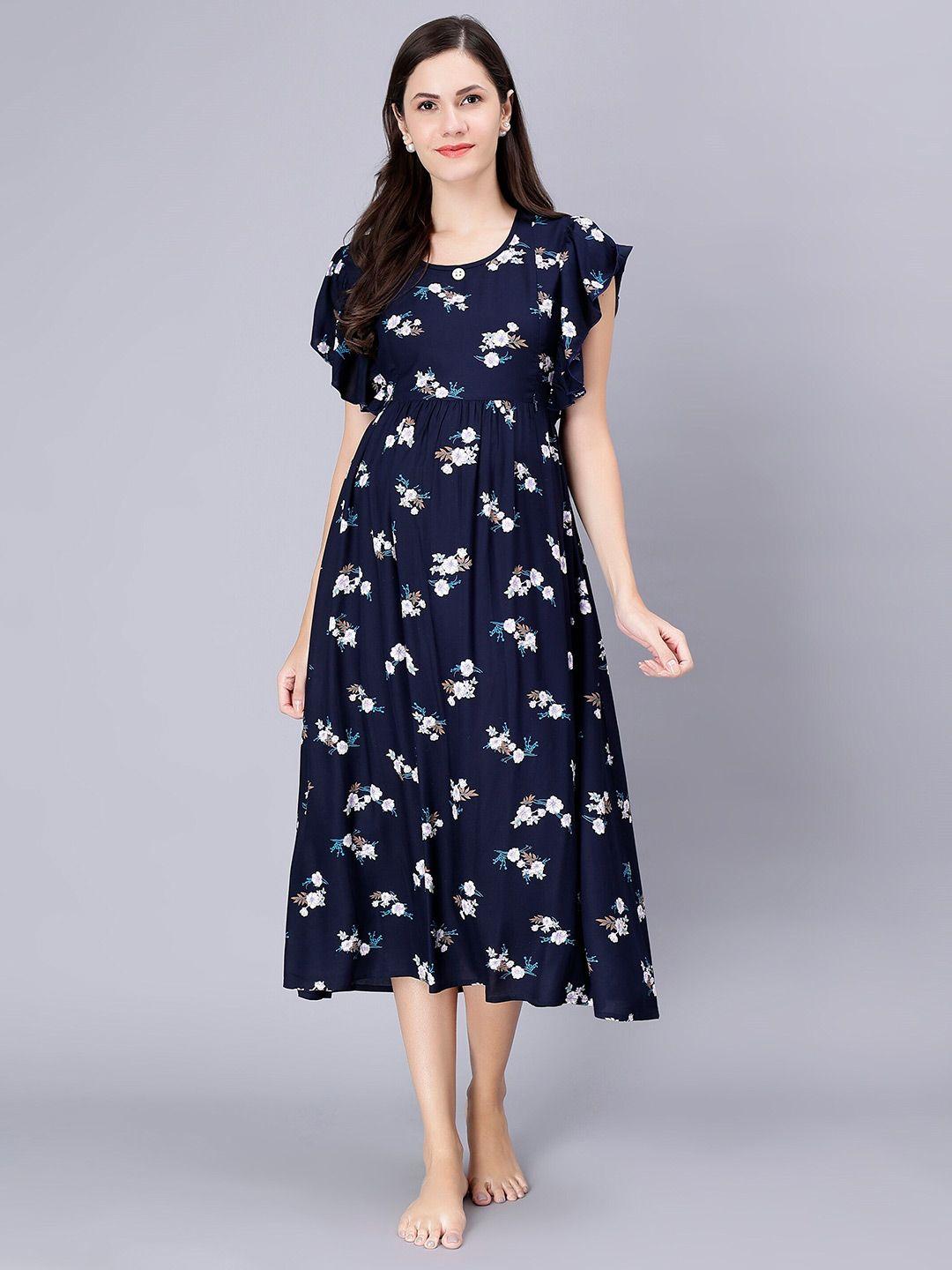 nightspree floral printed flutter sleeves maternity a-line midi dress