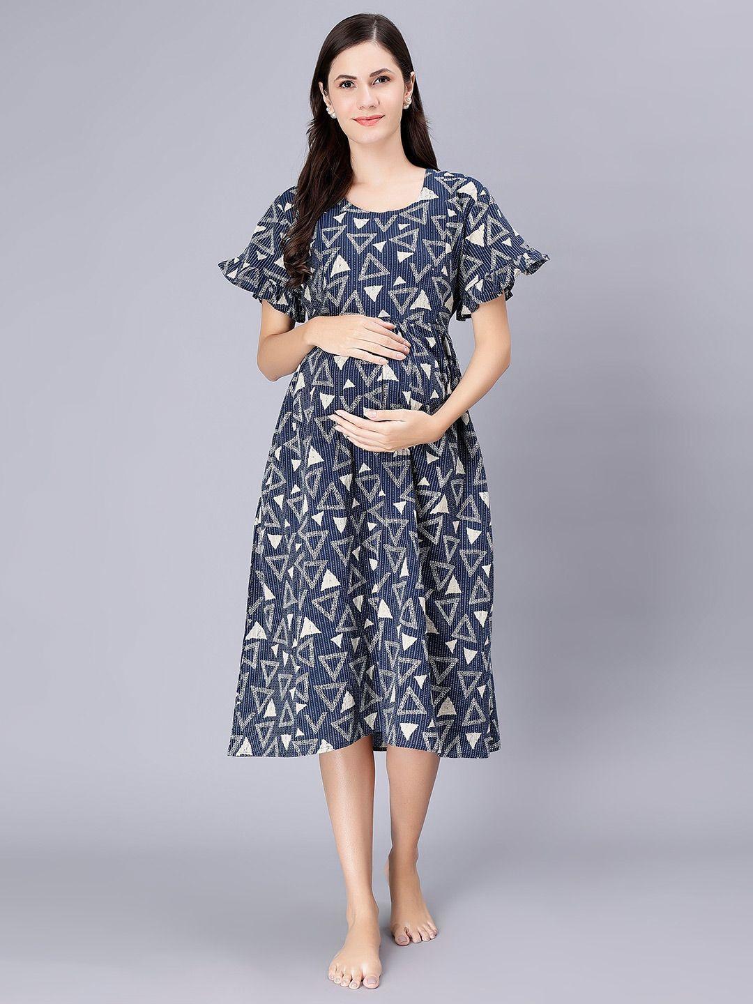 nightspree geometric printed flared sleeves cotton maternity a-line midi dress