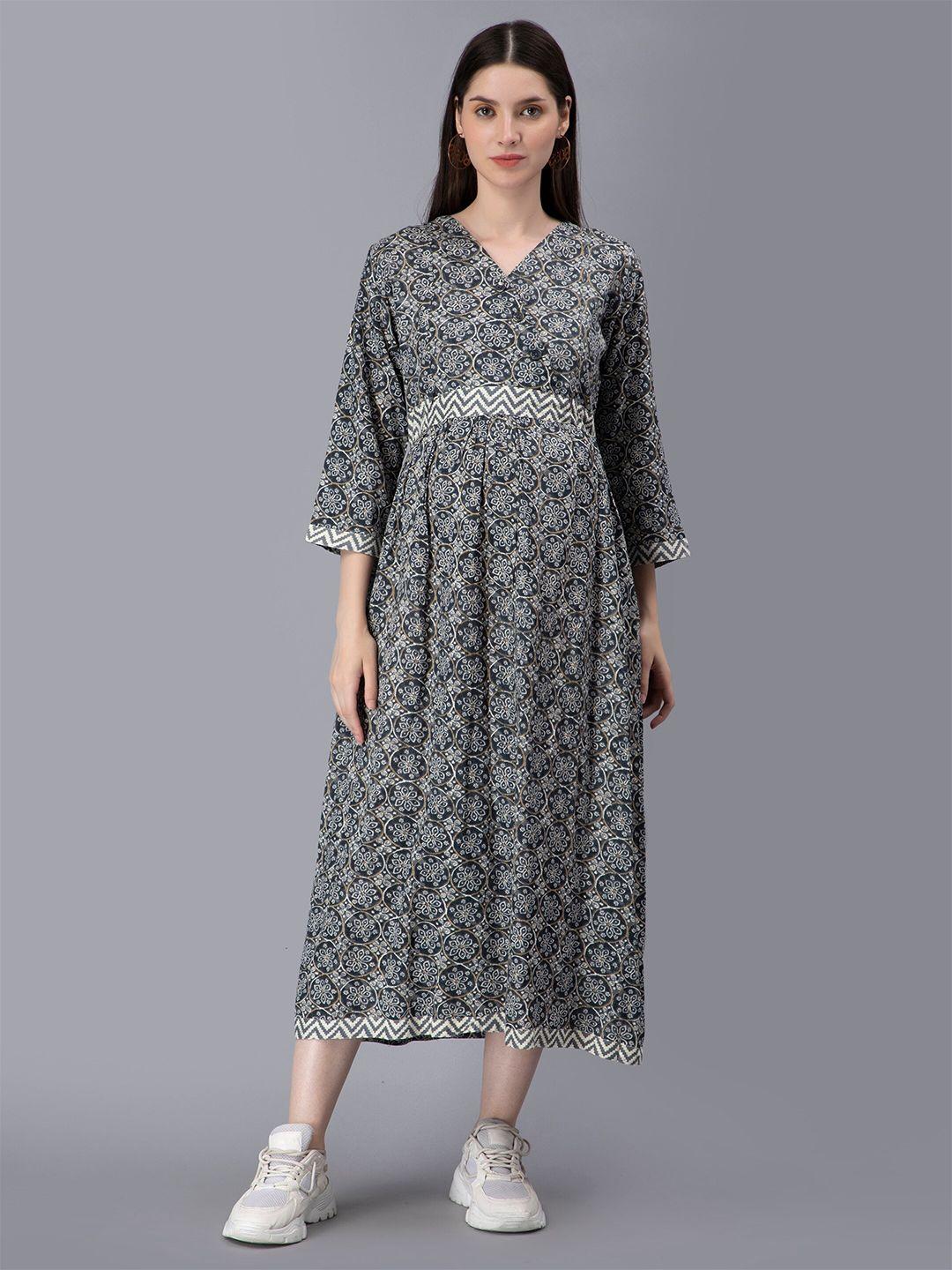 nightspree grey ethnic motifs print maternity empire midi dress