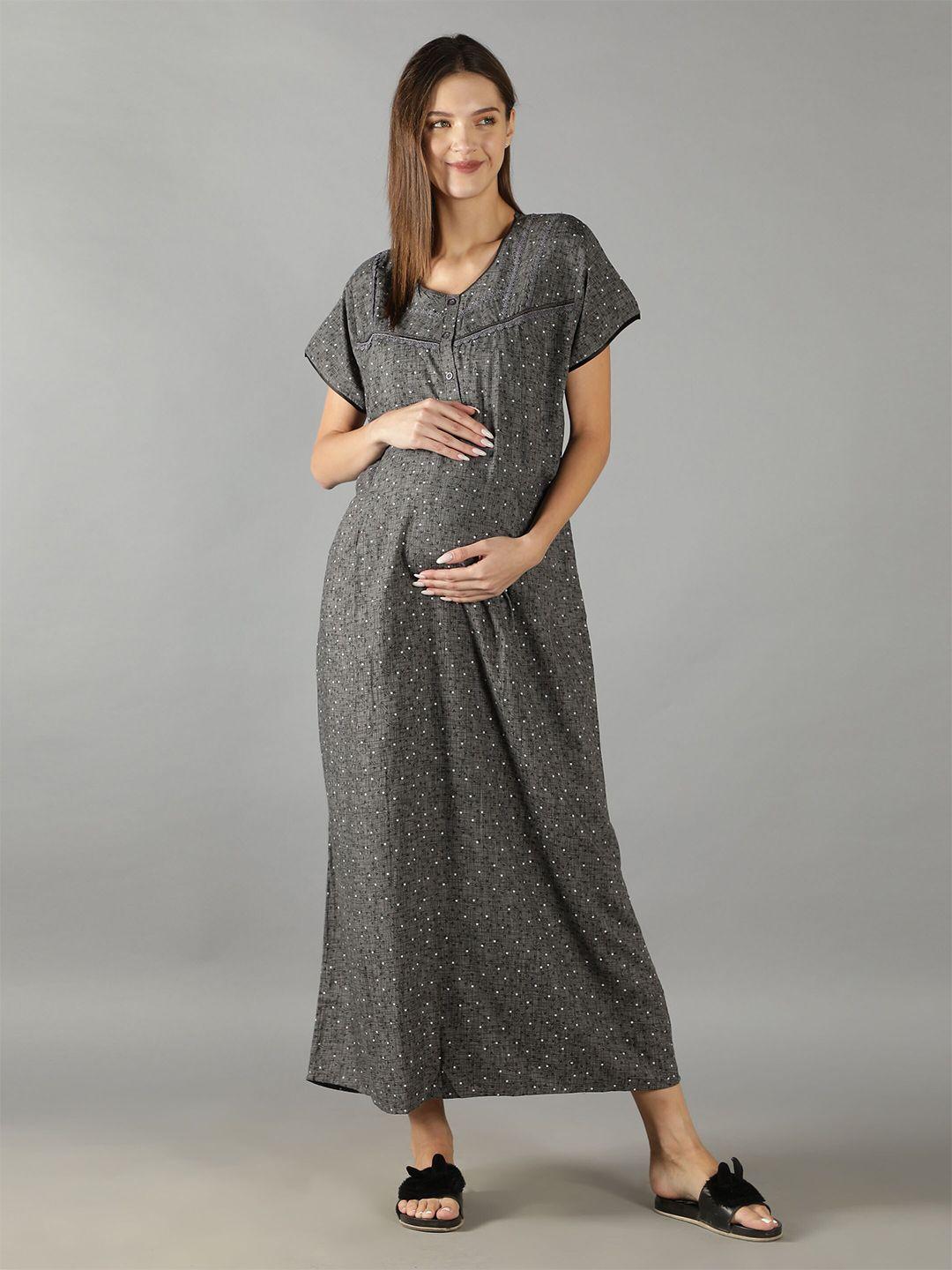 nightspree grey maternity printed round neck maxi nightdress