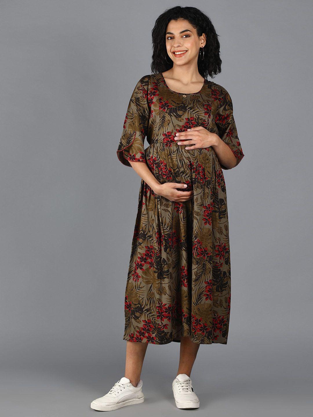 nightspree khaki & red floral printed cotton maternity midi dress