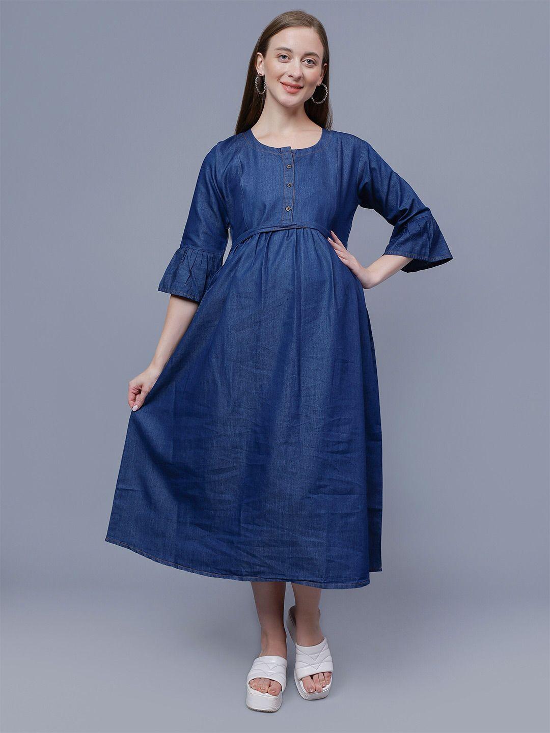 nightspree round neck bell sleeve denim cotton maternity fit & flare midi dress