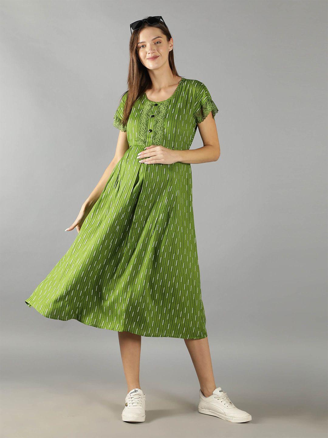 nightspree women green striped maternity a-line midi dress