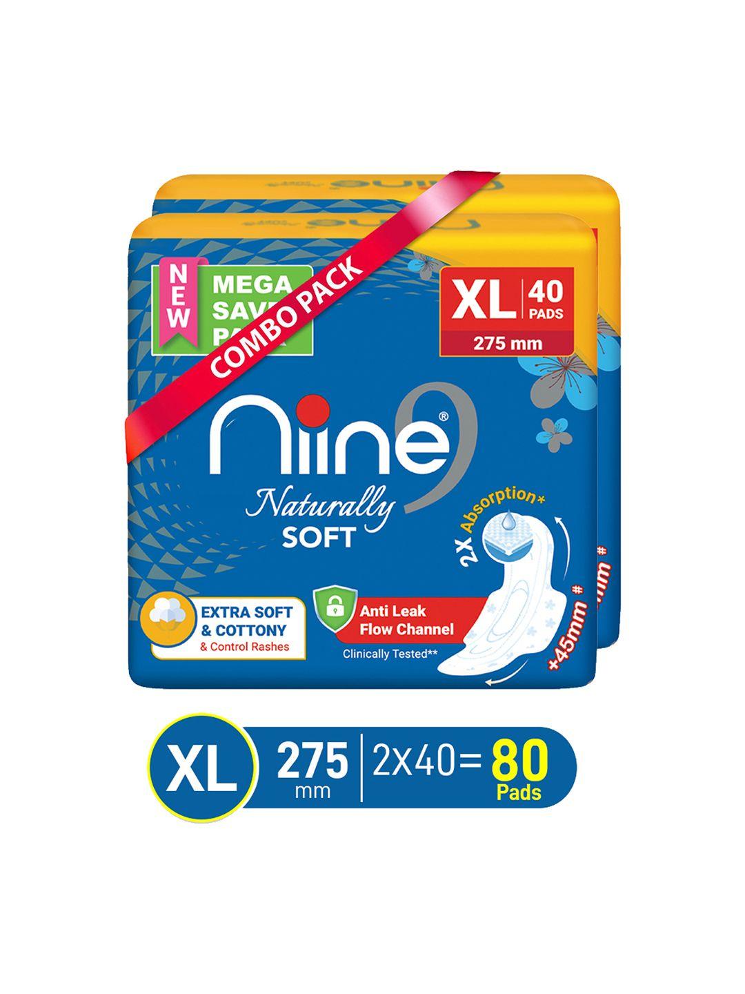 niine set of 2 naturally soft anti leak flow channel xl 275mm sanitary pads - 40 pads each